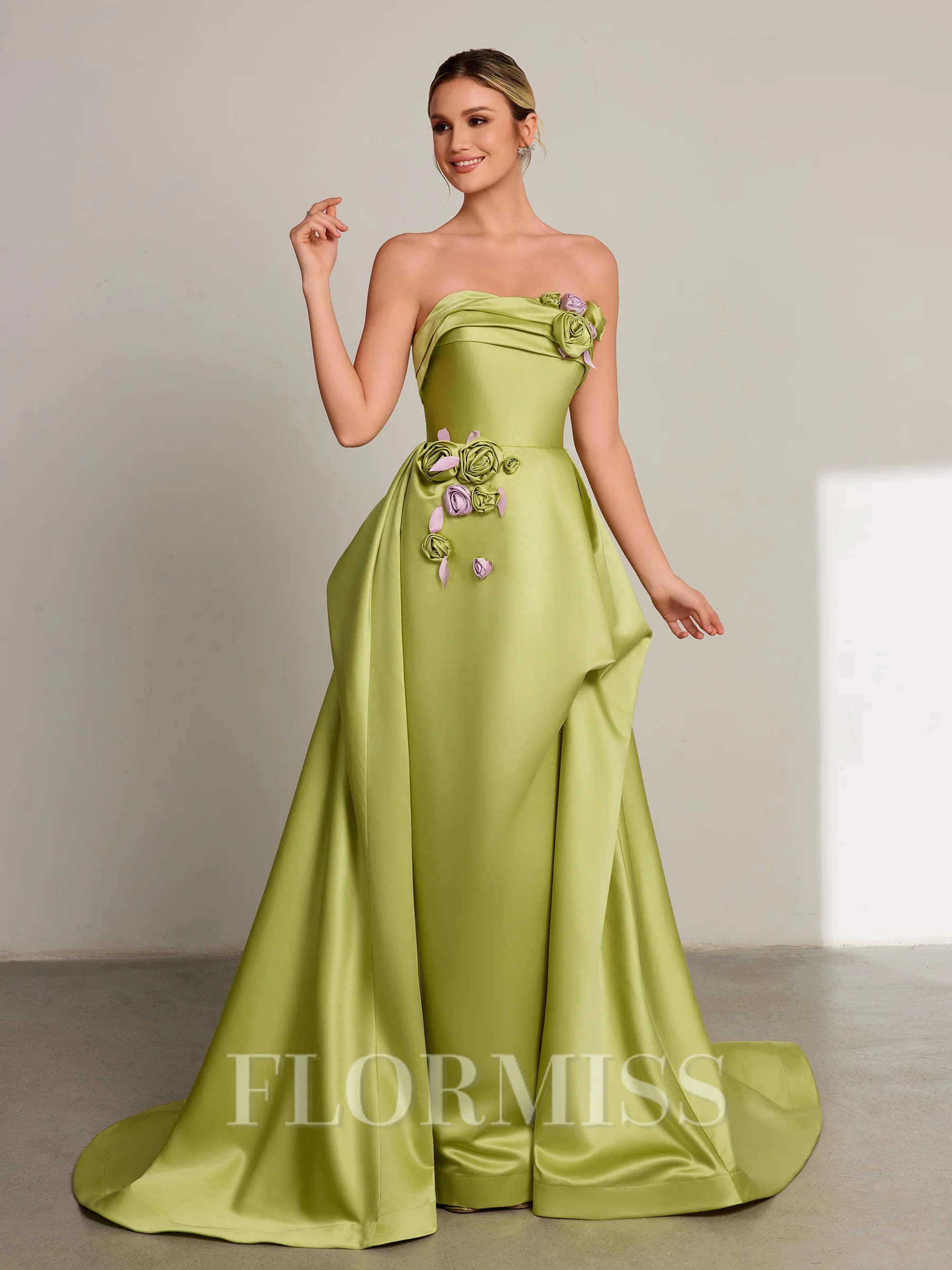 A-line Straight Flower Sweep Train Satin Porm Dress