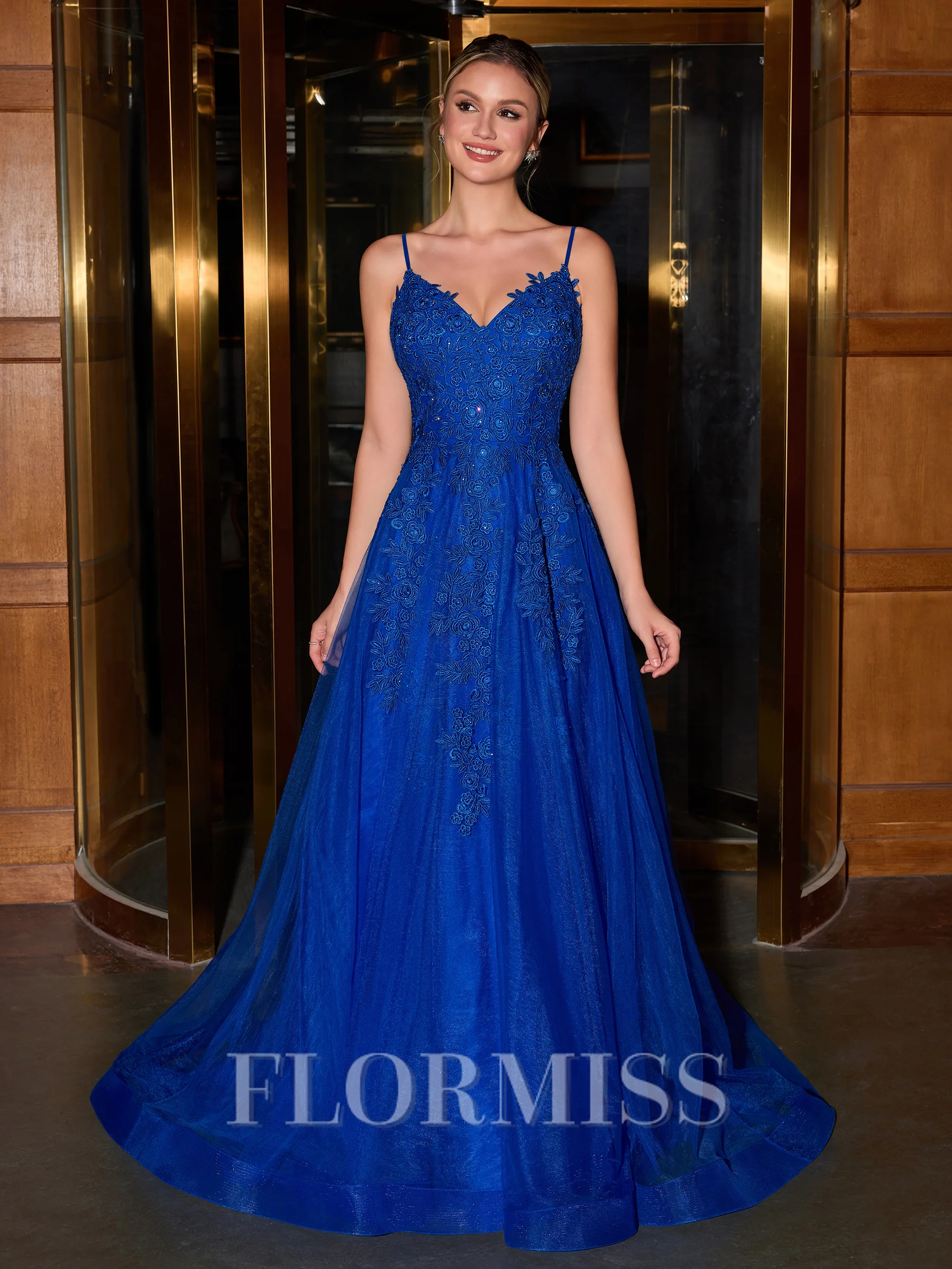 A-line V-neck Appliques Lace Sweep Train Tulle Porm Dress