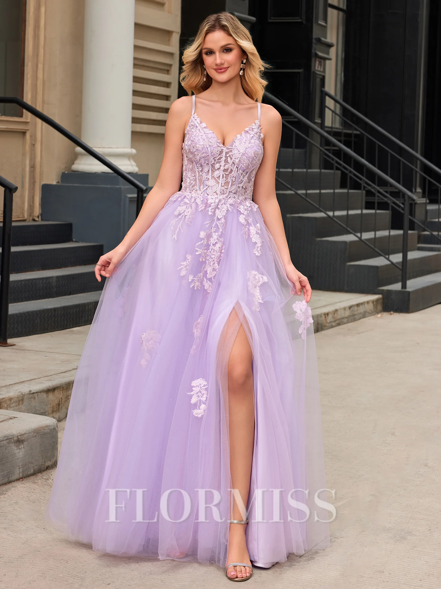 A-line V-neck Appliques Lace Floor-Length Tulle Corset Porm Dress