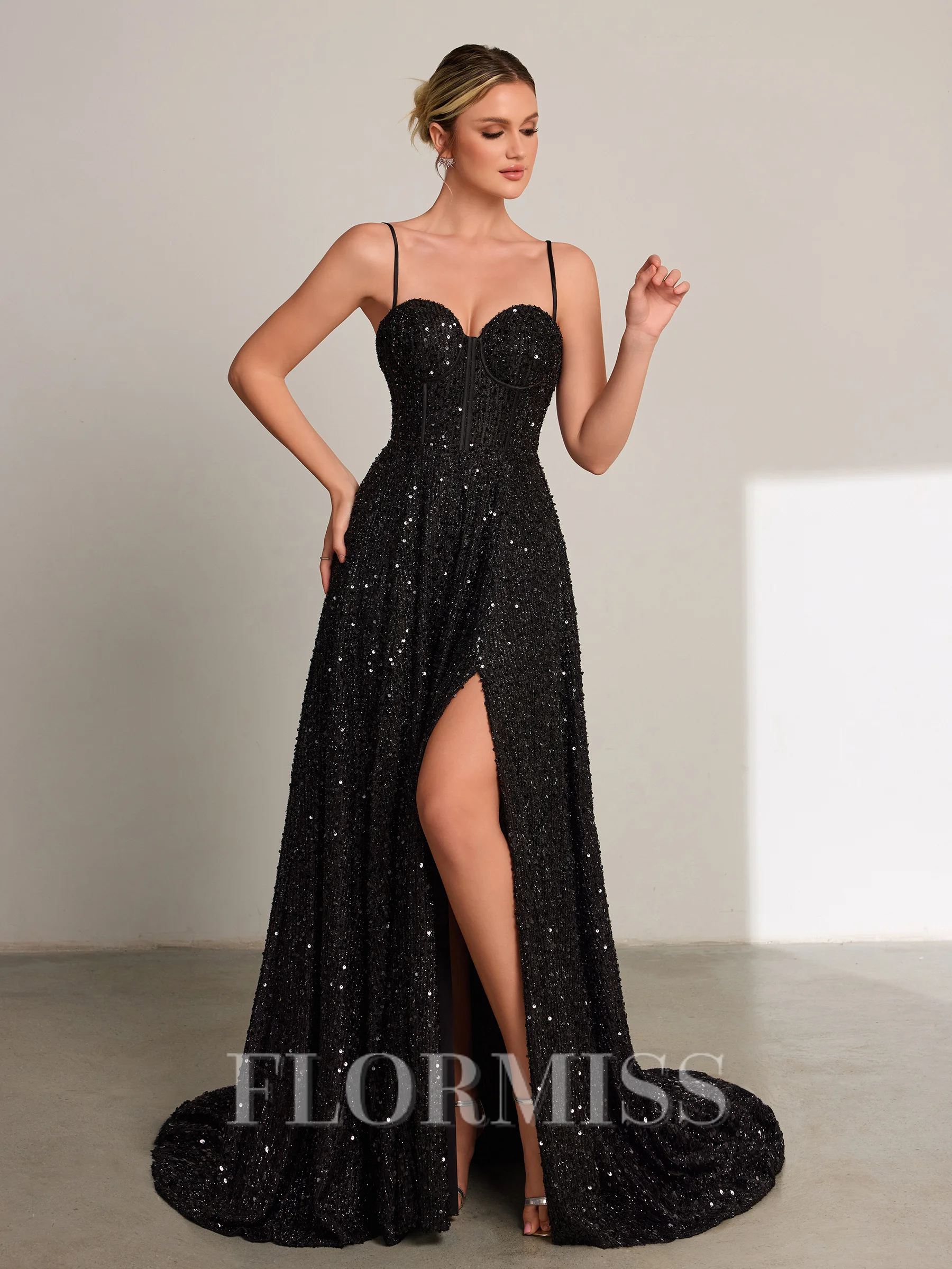 A-line Spaghetti Straps Sweep Train Corset Porm Dress