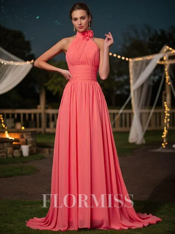 A-line/Princess Halter Sweep Train Chiffon Bridesmaid Dresses With Flower