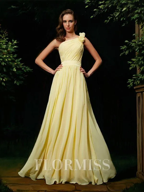 A-line/Princess One-Shoulder Floor-Length Chiffon Bridesmaid Dresses With Flower