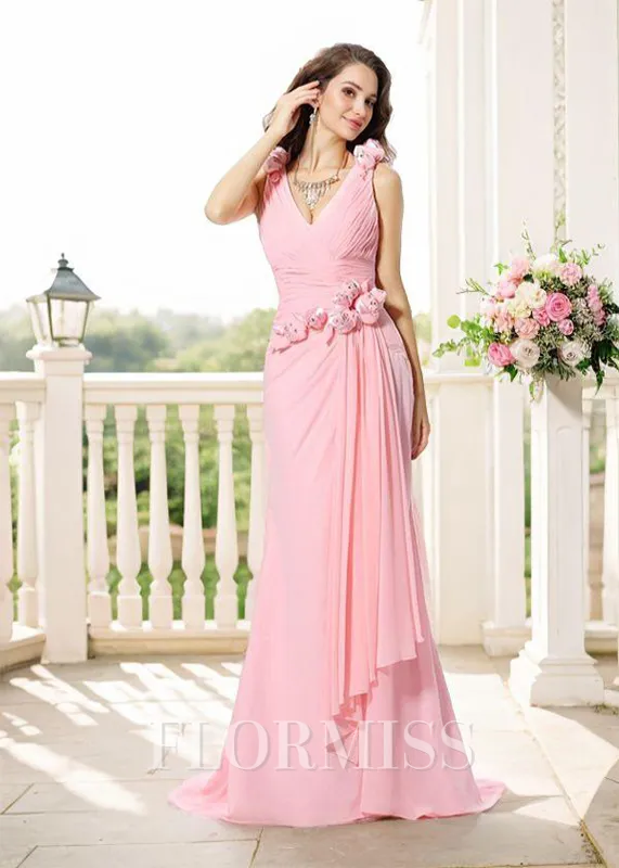 Trumpet/Mermaid V-neck Sweep Train Chiffon Bridesmaid Dresses With Flower