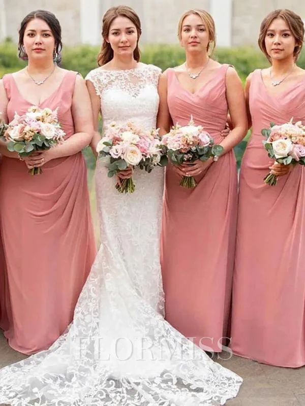 Sheath/Column V-neck Floor-Length Chiffon Bridesmaid Dresses With Ruffles