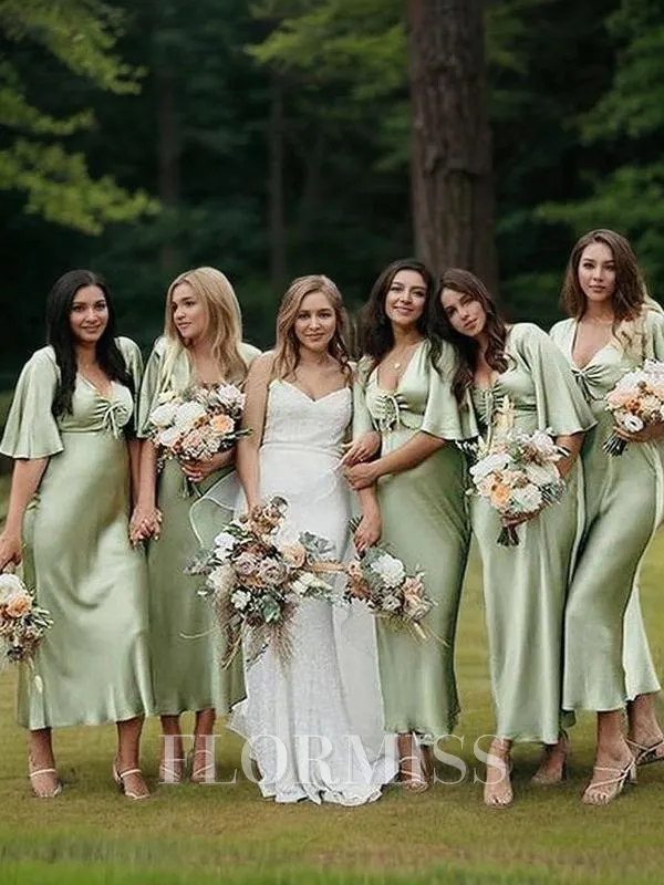 Sheath/Column V-neck Tea-Length Silk Like Satin Bridesmaid Dresses