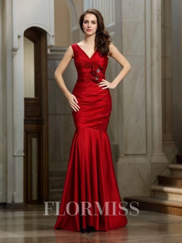 Trumpet/Mermaid V-neck Floor-Length Taffeta Bridesmaid Dresses With Flower