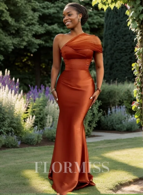 Sheath One-Shoulder Pleated Floor-Length Satin Bridesmaid Dress