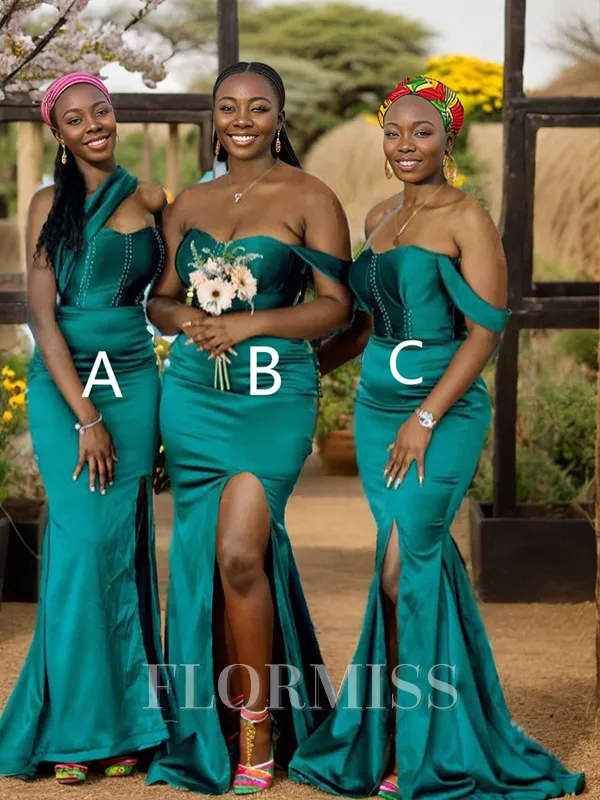 Sheath Off-the-Shoulder Sweep Train Silk Like Satin Bridesmaid Dress