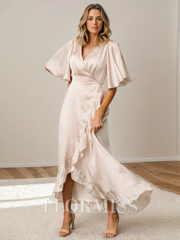 A-line V-neck Short Sleeves Ruffles Asymmetrical Silk Like Satin Bridesmaid Dress