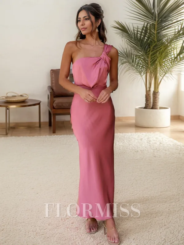 Sheath One-Shoulder Pleated Ankle-Length Silk Like Satin Bridesmaid Dress