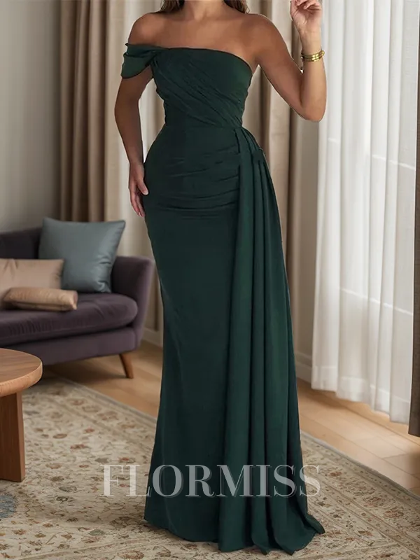 Sheath One-Shoulder Pleated Floor-Length Stretch Crepe Bridesmaid Dress
