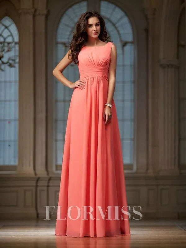 A-line/Princess Scoop Floor-Length Chiffon Bridesmaid Dresses With Ruffles
