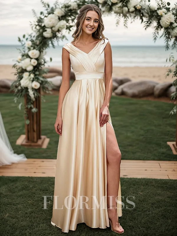 A-line/Princess V-neck Pleated Floor-Length Satin Bridesmaid Dress