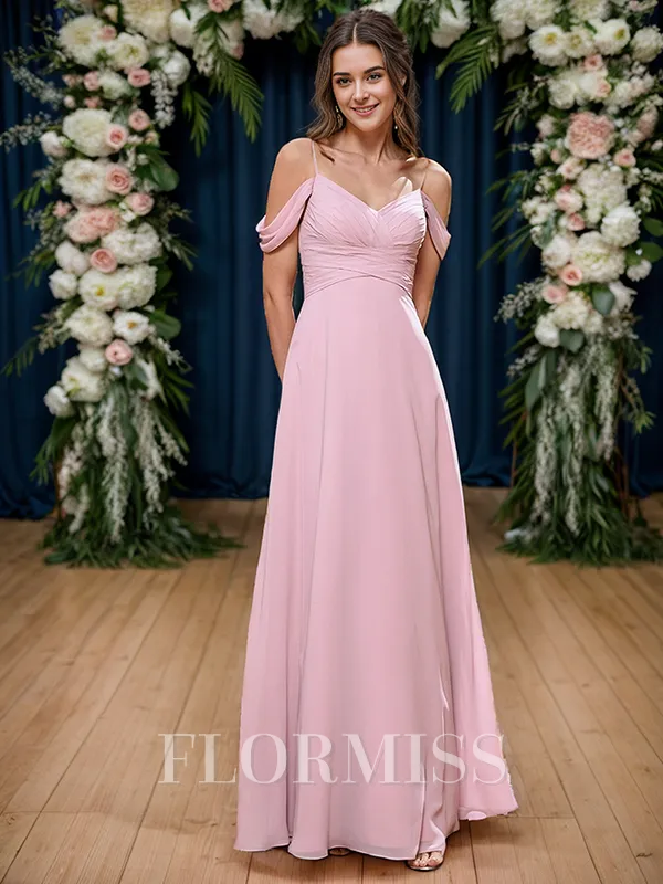 A-line/Princess Cold Shoulder Pleated Floor-Length Chiffon Bridesmaid Dress