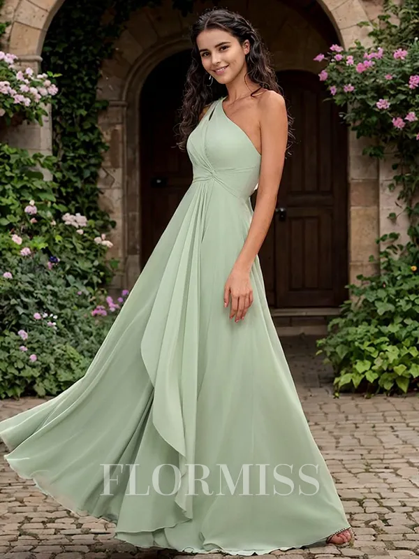 A-line/Princess One-Shoulder Pleated Floor-Length Chiffon Bridesmaid Dress