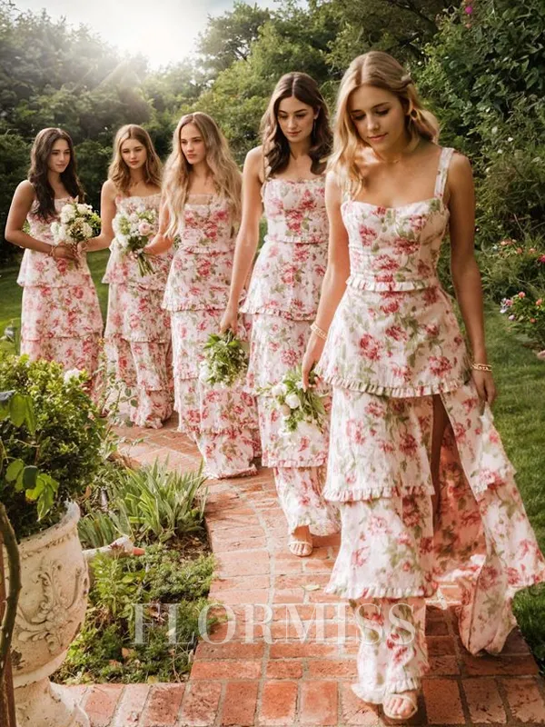 A-line Straps Sleeveless Ruffles Floor-Length Bridesmaid Dresses