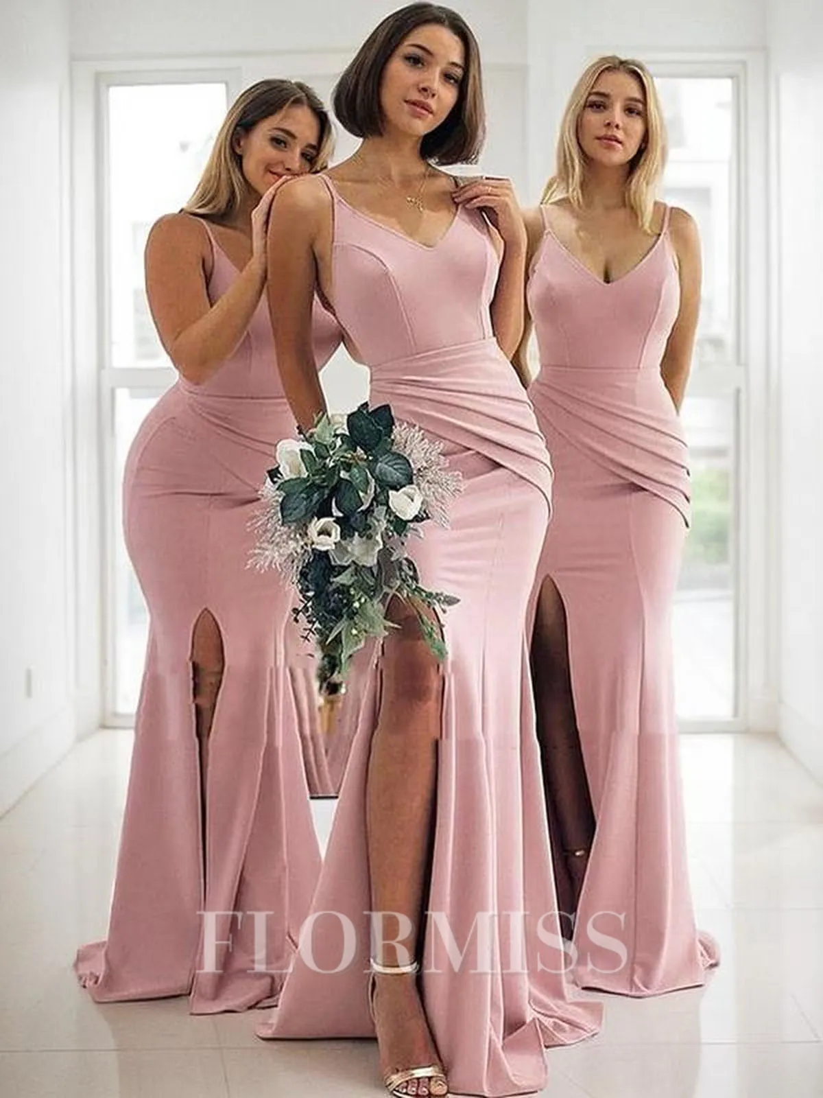 Sheath/Column V-neck Sweep Train Stretch Crepe Bridesmaid Dresses With Ruffles