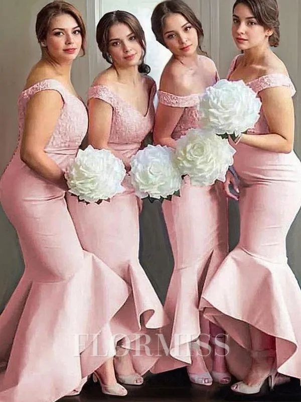 Trumpet/Mermaid Off-the-Shoulder Asymmetrical Stretch Crepe Bridesmaid Dresses With Appliques Lace