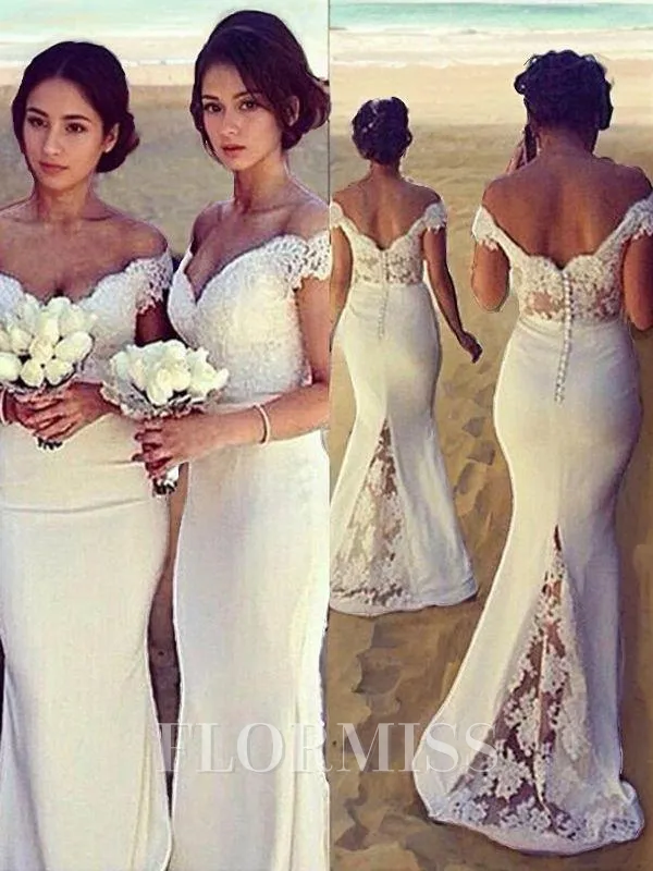 Trumpet/Mermaid Off-the-Shoulder Sweep Train Stretch Crepe Bridesmaid Dresses With Lace