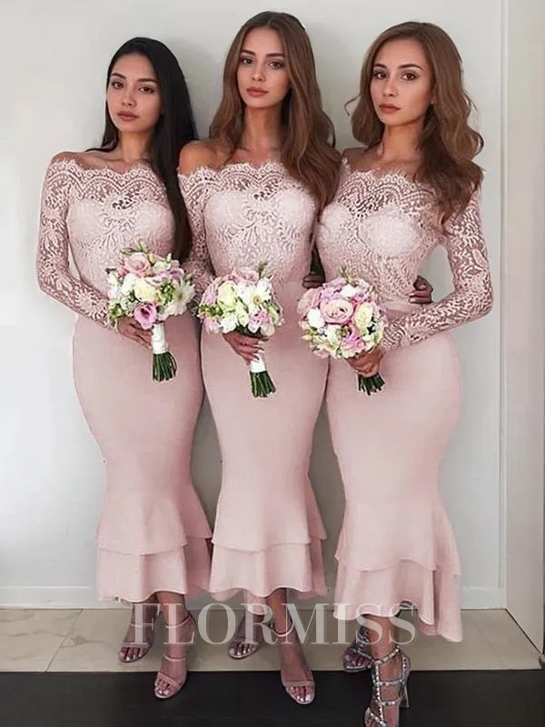 Sheath/Column Off-the-Shoulder Ankle-Length Stretch Crepe Bridesmaid Dresses With Lace