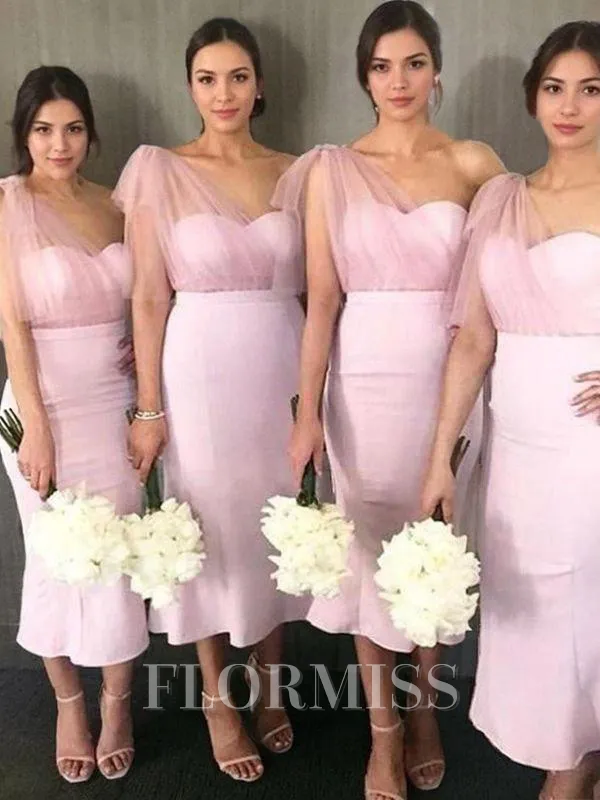 Sheath/Column One-Shoulder Tea-Length Stretch Crepe Bridesmaid Dresses