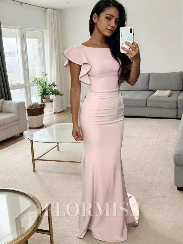 Sheath/Column Scoop Sweep Train Stretch Crepe Bridesmaid Dresses