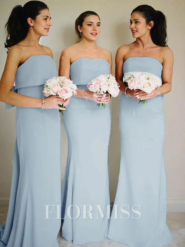 Sheath/Column Strapless Sweep Train Stretch Crepe Bridesmaid Dresses With Bow