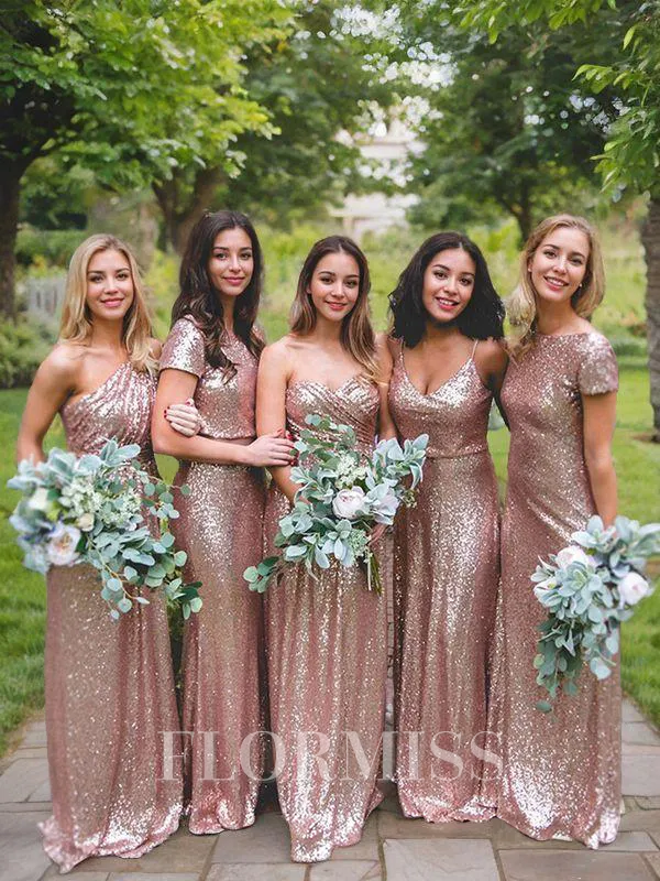 Sheath/Column V-neck Sweep Train Sequins Bridesmaid Dresses With Ruffles