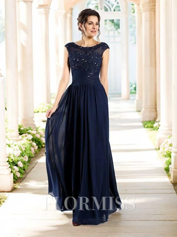 A-Line/Princess Scoop Floor-Length Chiffon Prom Dress With Beading