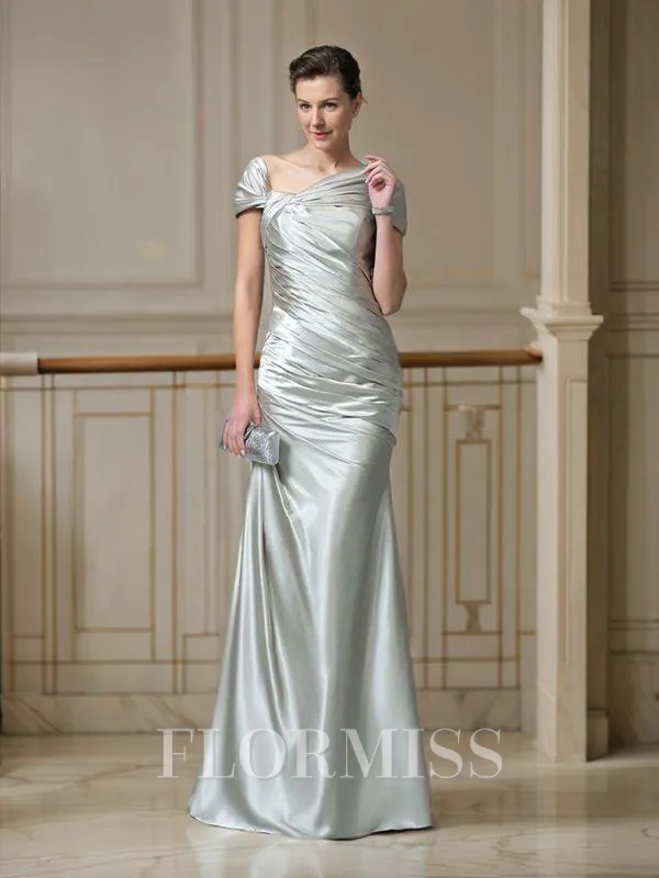 Sheath/Column Off-the-Shoulder Floor-Length Silk like Satin Prom Dress With Pleated