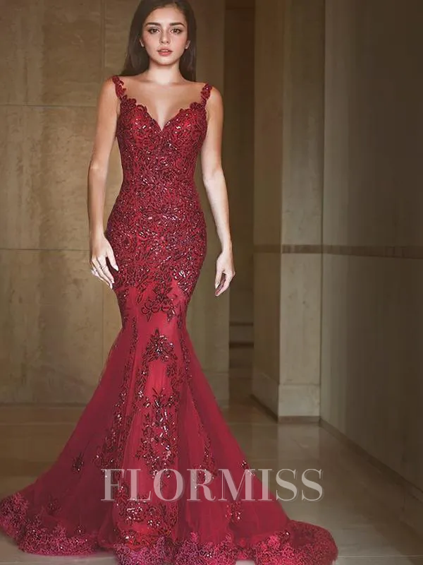 Trumpet/Mermaid V-neck Sweep Train Tulle Prom Dress With Appliques Lace