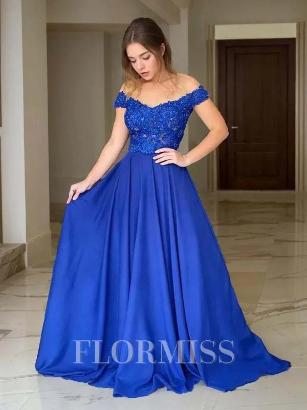 A-Line/Princess Off-the-Shoulder Sweep Train Silk Like Satin Prom Dress With Appliques Lace