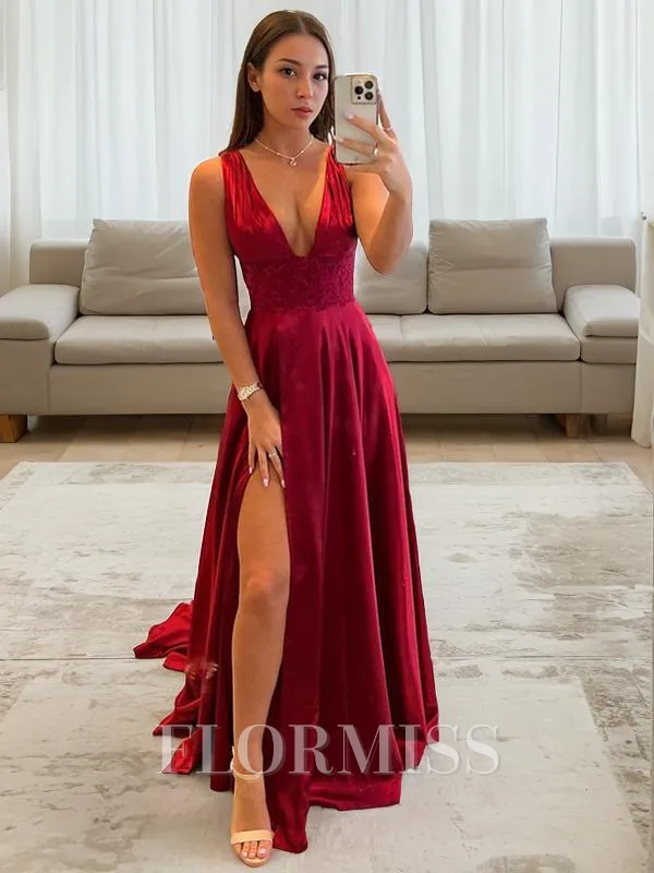A-Line/Princess V-neck Sweep Train Silk Like Satin Prom Dress With Leg Slit