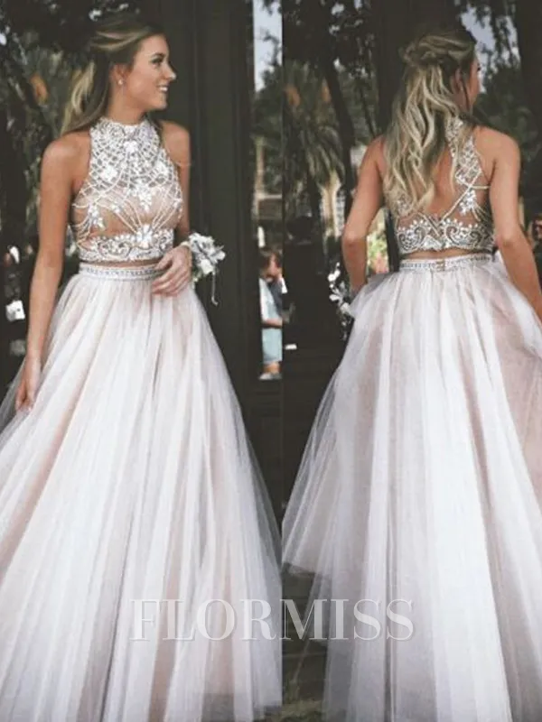 A-Line/Princess High Neck Floor-Length Tulle Prom Dress