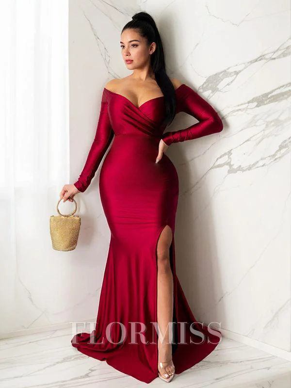 Sheath/Column Off-the-Shoulder Sweep Train Jersey Prom Dress With Leg Slit