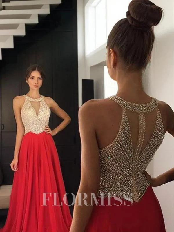 A-Line/Princess Halter Sweep Train Chiffon Prom Dress With Beading