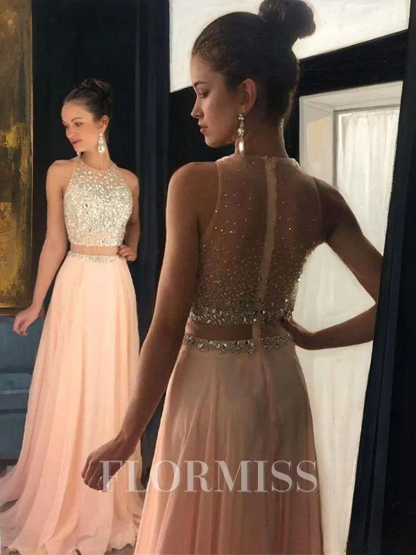 A-Line/Princess Scoop Sweep Train Chiffon Prom Dress With Beading