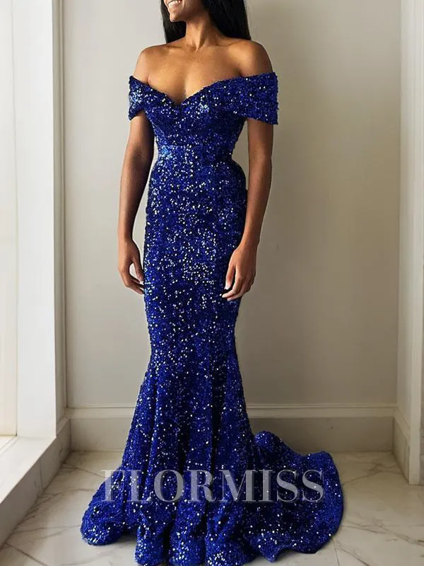 Trumpet/Mermaid Off-the-Shoulder Sweep Train Velvet Sequins Prom Dress