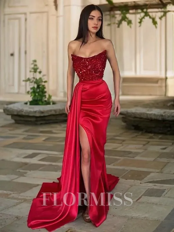 Sheath/Column Strapless Sweep Train Silk Like Satin Prom Dress With Leg Slit