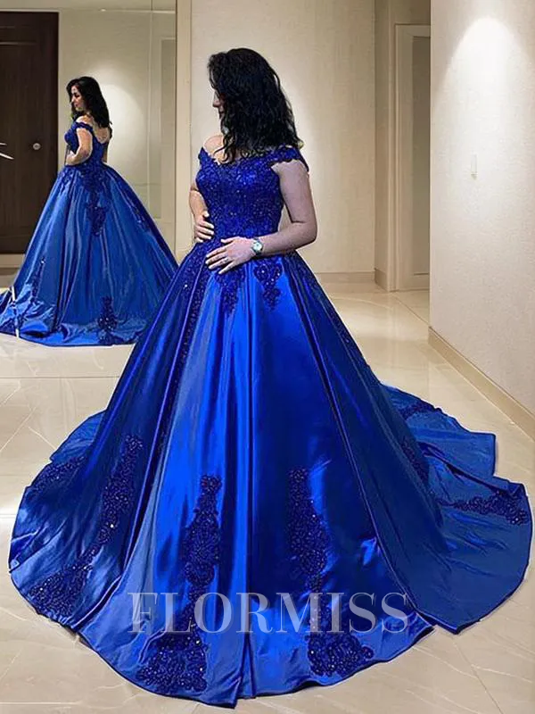 Ball Gown Straps Court Train Satin Prom Dress With Appliques Lace
