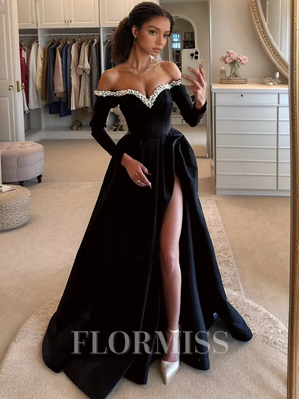 A-line Off-the-Shoulder Long Sleeves Beading Floor-Length Satin Porm Dress