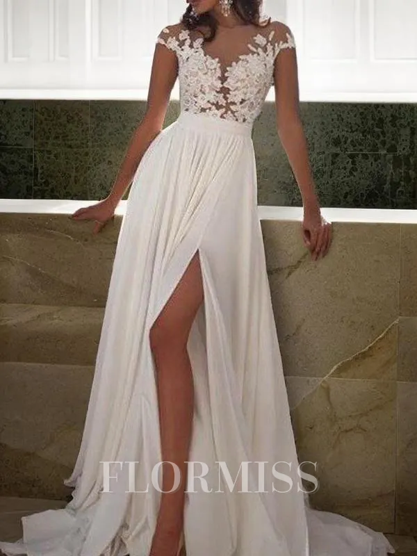 A-Line/Princess Scoop Sweep Train Chiffon Prom Dress With Leg Slit