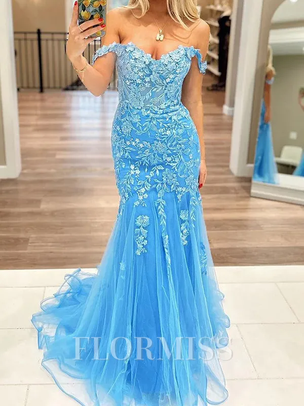 Mermaid Off-the-Shoulder Appliques Lace Sweep Train Tulle Porm Dress
