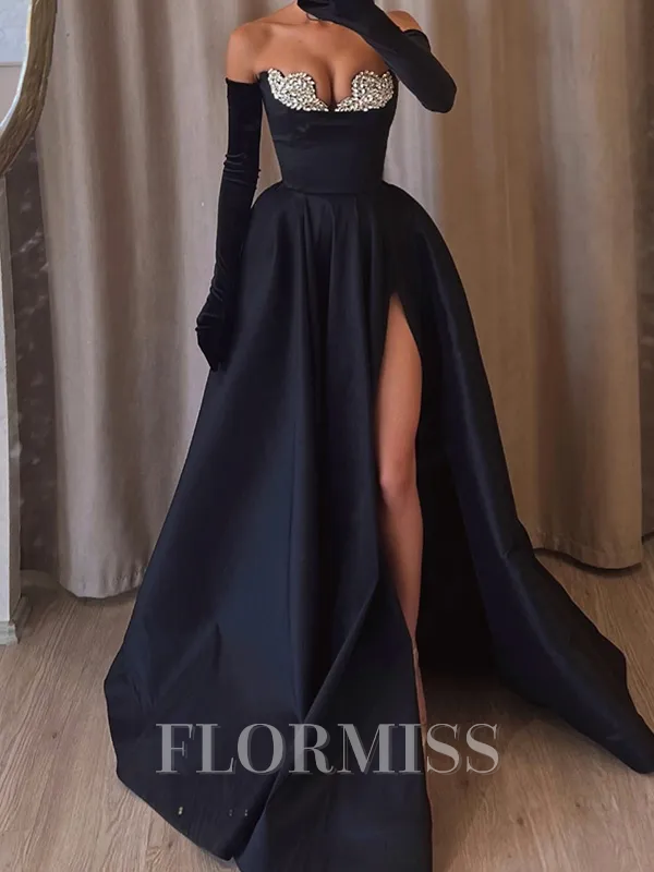 A-line Sweetheart Long Sleeves Ruffles Floor-Length Satin Porm Dress