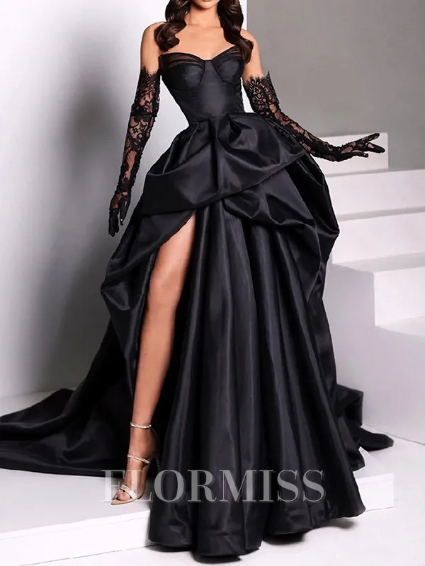 A-line Sweetheart Pleated Chapel Train Satin Porm Dress