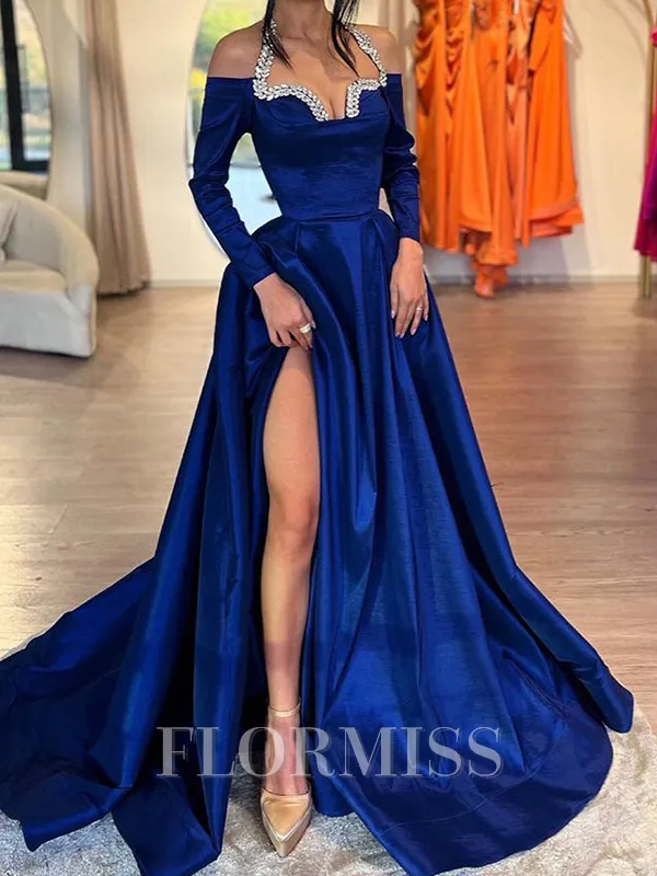 A-line Halter Long Sleeves Rhinestone Sweep Train Silk Like Satin Porm Dress