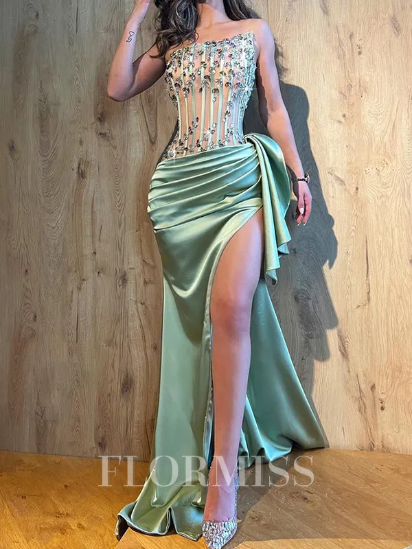 Sheath Straight Pleated Sweep Train Silk Like Satin Corset Porm Dress