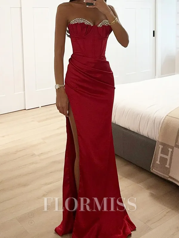 Sheath Sweetheart Rhinestone Sweep Train Silk Like Satin Corset Porm Dress