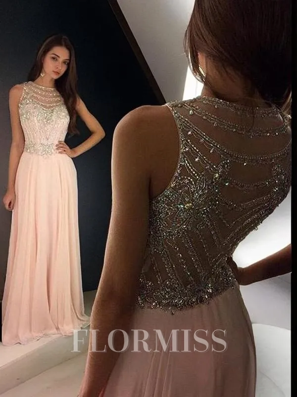 A-Line/Princess Scoop Floor-Length Chiffon Prom Dress With Rhinestone