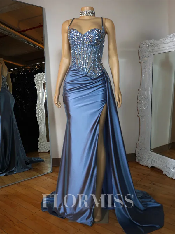 Sheath Spaghetti Straps Appliques Lace Sweep Train Silk Like Satin Corset Porm Dress